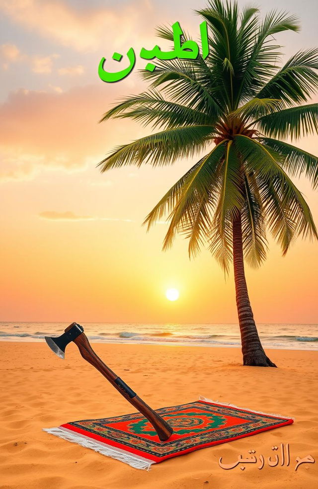 A serene beach scene featuring a tall palm tree swaying gently in the breeze