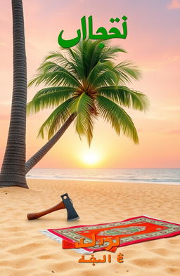 A serene beach scene featuring a tall palm tree swaying gently in the breeze