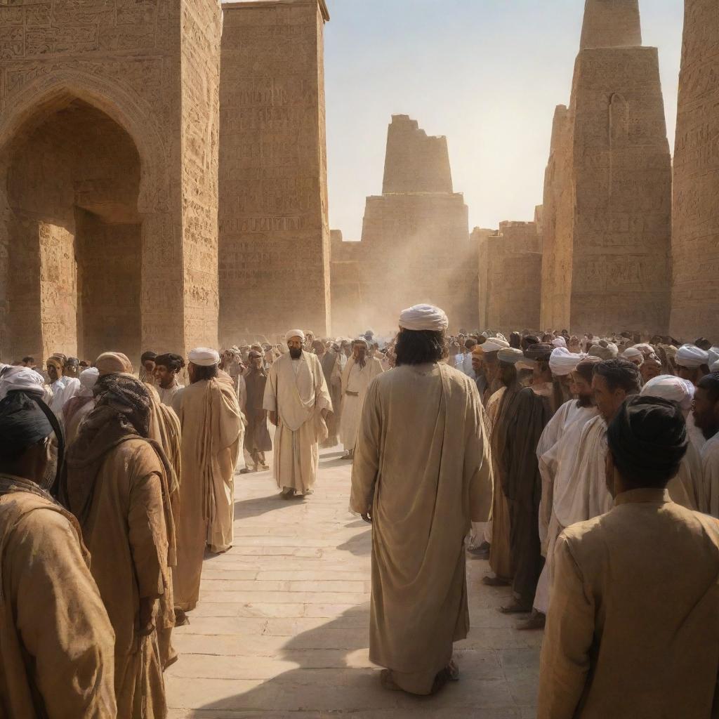 Radiant Prophet Ibrahim prominently entering the scene in the ancient city of Babylon where citizens are engrossed in statue worship. The contrast between his luminous presence and the ancient cityscape is striking.