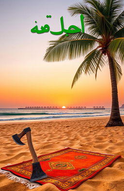A serene beach scene featuring a tall palm tree swaying gently in the breeze