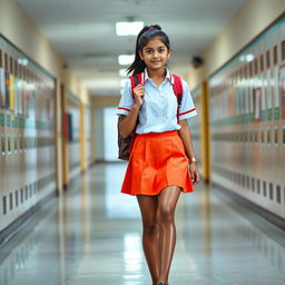 A teenage girl in a bright Indian school uniform, featuring a knee-length skirt and a crisp white blouse, walking confidently down a school hallway