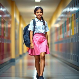 A teenage girl in a bright Indian school uniform, featuring a knee-length skirt and a crisp white blouse, walking confidently down a school hallway