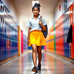 A teenage girl in a bright Indian school uniform, featuring a knee-length skirt and a crisp white blouse, walking confidently down a school hallway