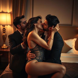 A sensuous and intimate scene unfolding in a luxurious hotel room, showcasing a captivating woman at the heart of the composition