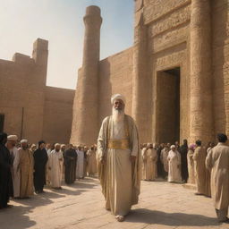 Radiant Prophet Ibrahim prominently entering the scene in the ancient city of Babylon where citizens are engrossed in statue worship. The contrast between his luminous presence and the ancient cityscape is striking.