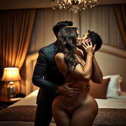 A sensuous and intimate scene unfolding in a luxurious hotel room, showcasing a captivating woman at the heart of the composition