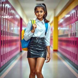 A teenage girl in an eye-catching Indian school outfit, showcasing a stylish vinyl tight mini skirt paired with a crisp white blouse