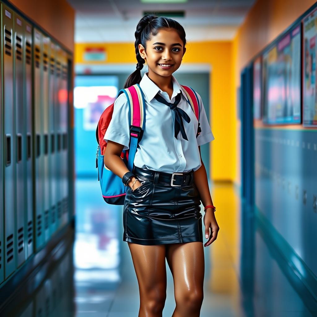 A teenage girl in an eye-catching Indian school outfit, showcasing a stylish vinyl tight mini skirt paired with a crisp white blouse