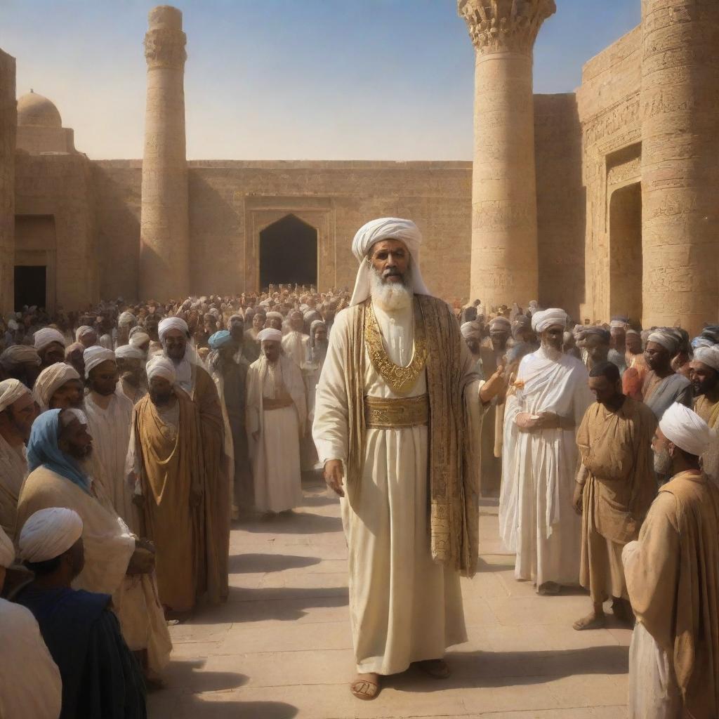 Radiant Prophet Ibrahim prominently entering the scene in the ancient city of Babylon where citizens are engrossed in statue worship. The contrast between his luminous presence and the ancient cityscape is striking.