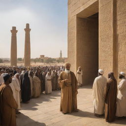 Radiant Prophet Ibrahim prominently entering the scene in the ancient city of Babylon where citizens are engrossed in statue worship. The contrast between his luminous presence and the ancient cityscape is striking.