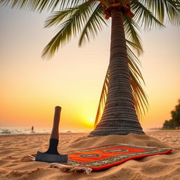 A tranquil beach scene featuring a tall palm tree swaying gently in the breeze