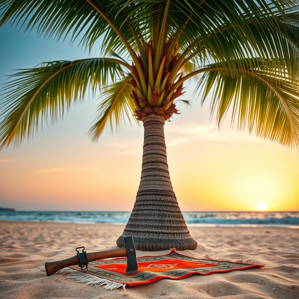 A tranquil beach scene featuring a tall palm tree swaying gently in the breeze