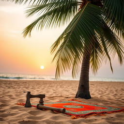 A tranquil beach scene featuring a tall palm tree swaying gently in the breeze