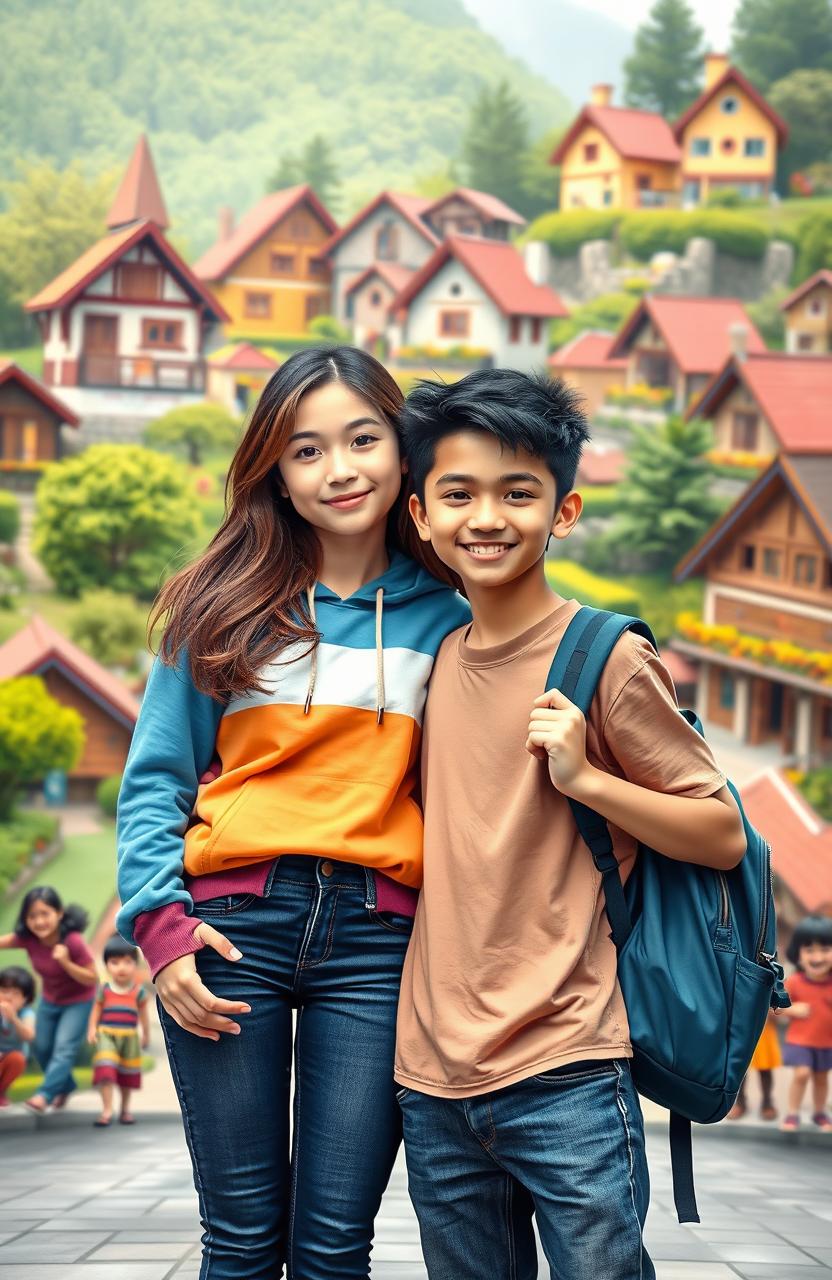 A dynamic scene depicting two high school teenagers, a girl and a boy, standing together in front of a vibrant village