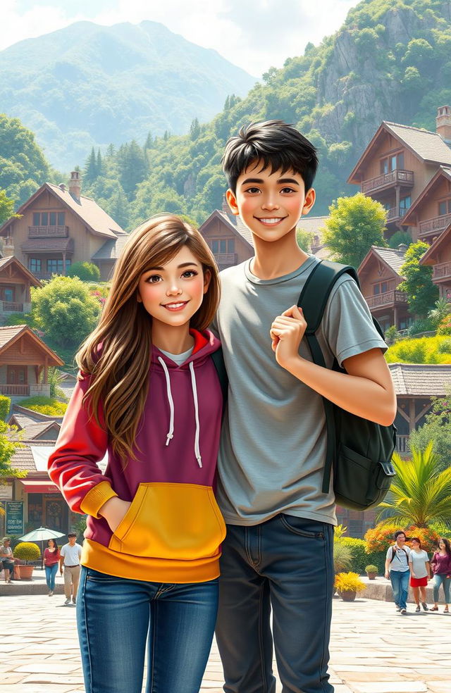 A dynamic scene depicting two high school teenagers, a girl and a boy, standing together in front of a vibrant village