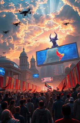 A dystopian future scene depicting a grand celebration in a highly advanced cityscape that symbolizes the controversial anniversary of the 'Greater State of Israel'
