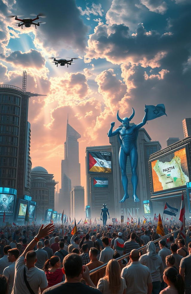 A dystopian future scene depicting a grand celebration in a highly advanced cityscape that symbolizes the controversial anniversary of the 'Greater State of Israel'