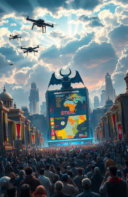 A dystopian future scene depicting a grand celebration in a highly advanced cityscape that symbolizes the controversial anniversary of the 'Greater State of Israel'