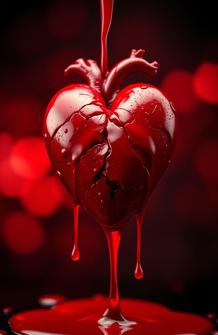 A striking image of a heart dripping with vibrant red liquid, symbolizing emotion and vulnerability