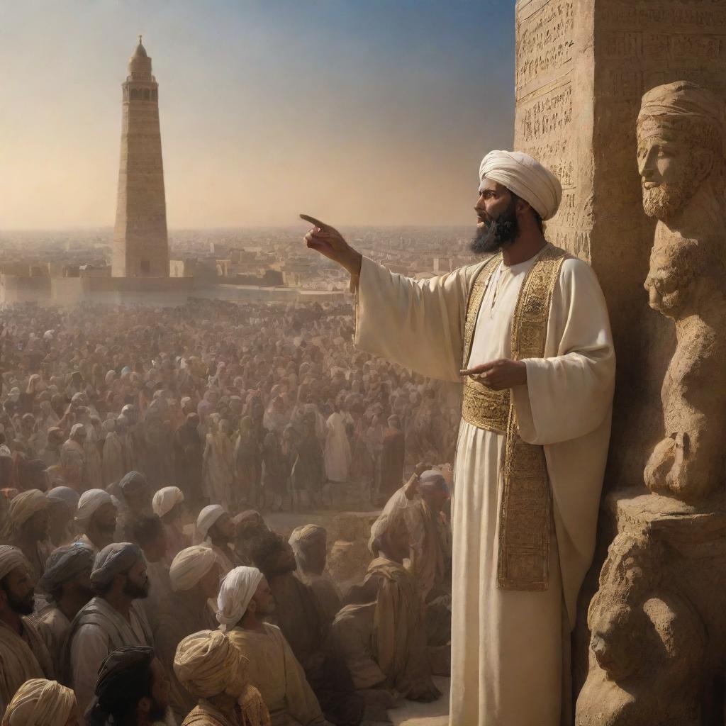 Prophet Ibrahim, his face illuminated, preaching passionately to the citizens of the ancient city of Babylon amidst their statue worship. His presence dominates the cityscape creating a moment of intense spiritual fervor.