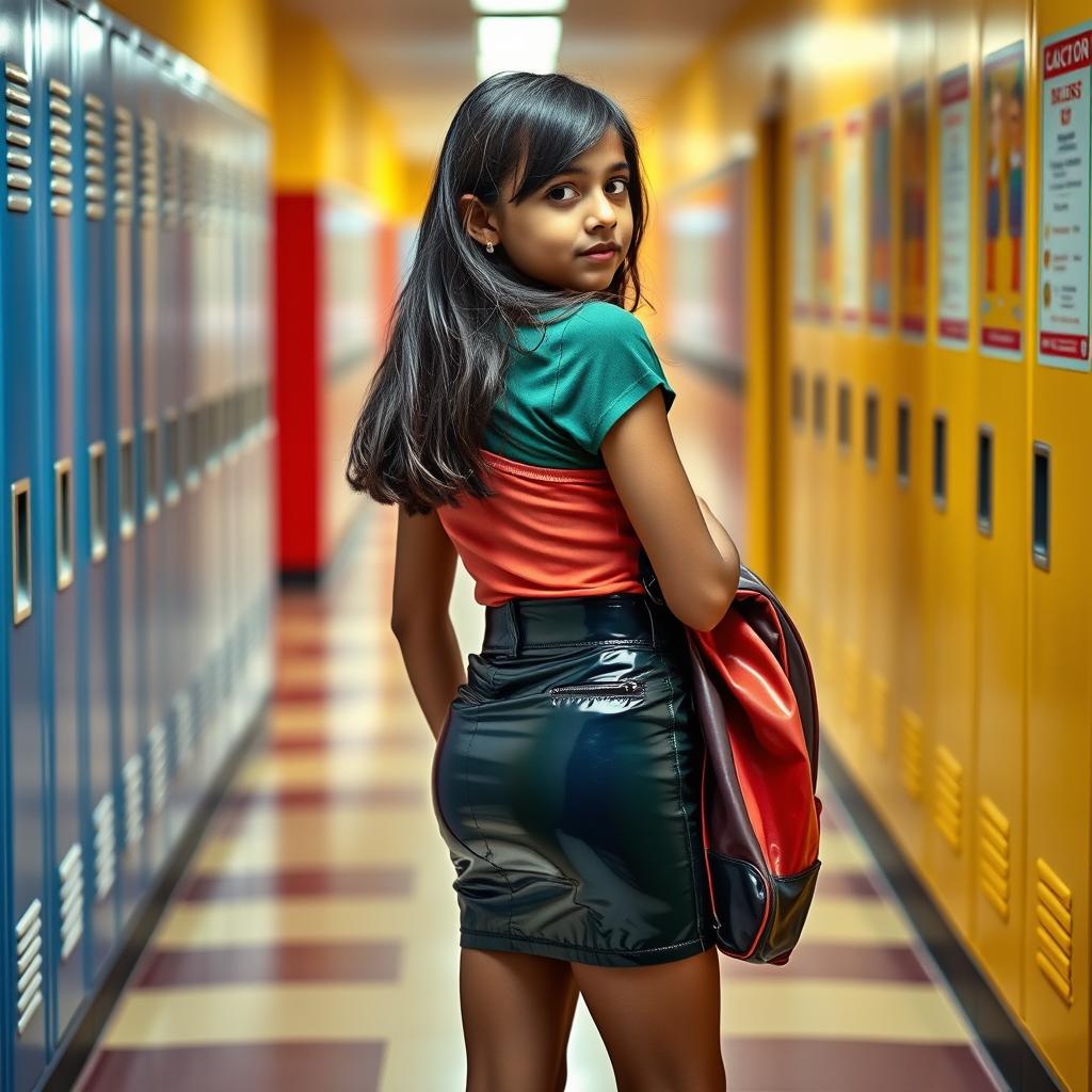 A teenage girl in a vibrant Indian school outfit, featuring a tight vinyl mini skirt that accentuates her silhouette