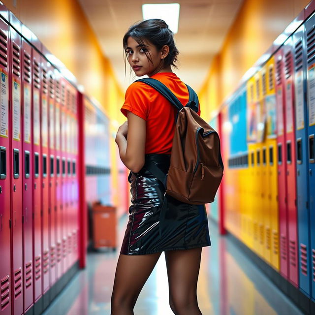 A teenage girl in a vibrant Indian school outfit, featuring a tight vinyl mini skirt that accentuates her silhouette