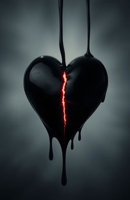 A striking visual of a black dripping heart, showcasing a prominent crack running through its center
