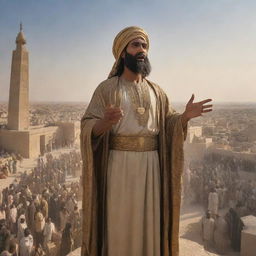 Prophet Ibrahim, his face illuminated, preaching passionately to the citizens of the ancient city of Babylon amidst their statue worship. His presence dominates the cityscape creating a moment of intense spiritual fervor.