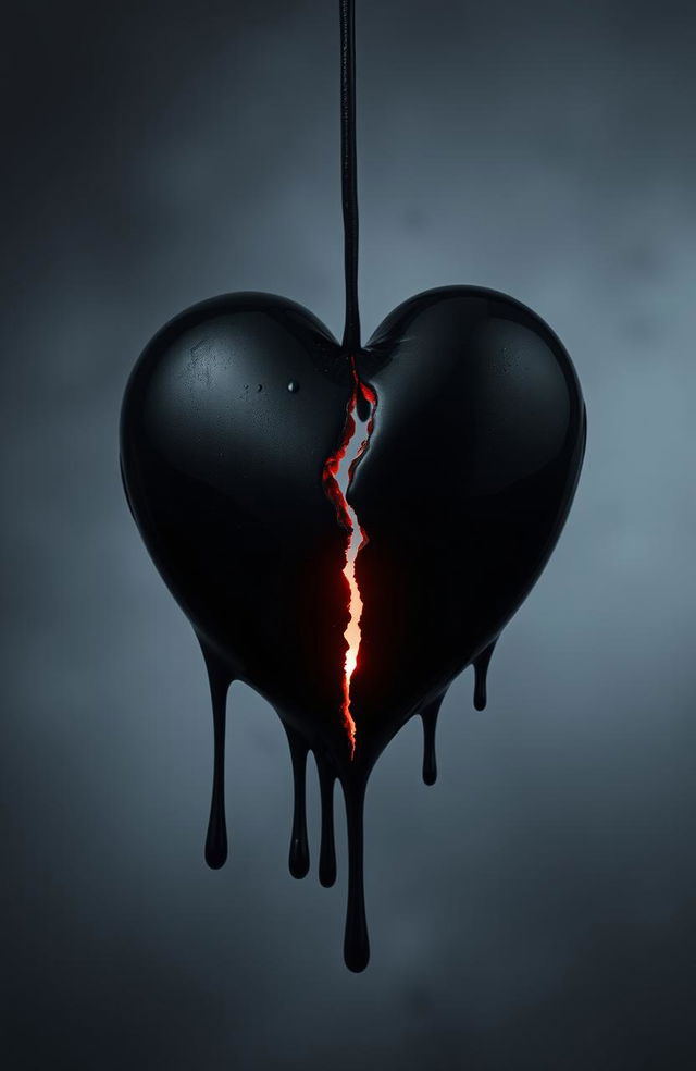 A striking visual of a black dripping heart, showcasing a prominent crack running through its center