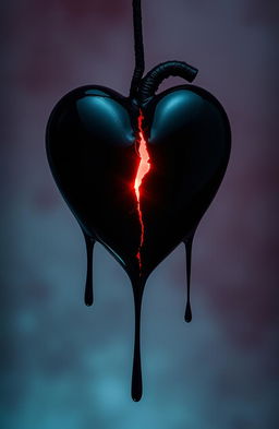 A striking visual of a black dripping heart, showcasing a prominent crack running through its center