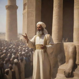 Prophet Ibrahim, his face illuminated, preaching passionately to the citizens of the ancient city of Babylon amidst their statue worship. His presence dominates the cityscape creating a moment of intense spiritual fervor.