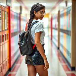A teenage girl in a fashionable Indian school outfit, featuring a tight vinyl mini skirt with a zipper at the back, accentuating her modern style