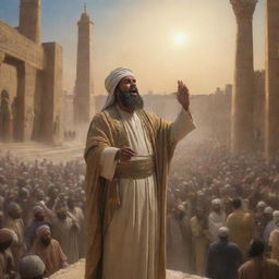 Prophet Ibrahim, his face illuminated, preaching passionately to the citizens of the ancient city of Babylon amidst their statue worship. His presence dominates the cityscape creating a moment of intense spiritual fervor.