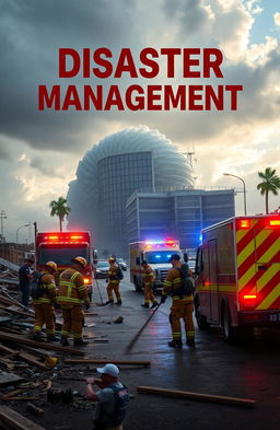 A dramatic scene depicting disaster management in action, showcasing emergency responders coordinating efforts to manage a large-scale natural disaster