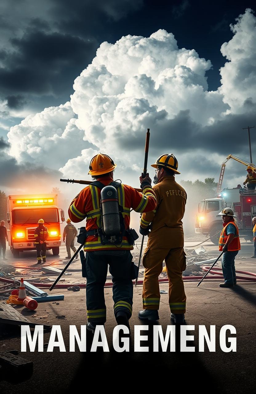 A dramatic scene depicting disaster management in action, showcasing emergency responders coordinating efforts to manage a large-scale natural disaster