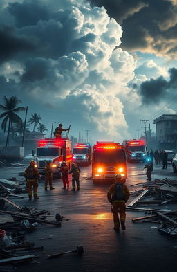 A dramatic scene depicting disaster management in action, showcasing emergency responders coordinating efforts to manage a large-scale natural disaster