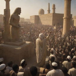 An intense scene set in ancient Babylon, Prophet Ibrahim preaches amidst the statue-worshipping crowd. The city's residents react, their faces distorted with anger, creating a dramatic contrast between the prophet's serene glow and the city's ramped up energy.