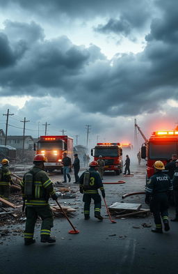 A dramatic scene depicting disaster management in action, showcasing emergency responders coordinating efforts to manage a large-scale natural disaster