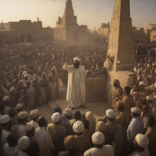 An intense scene set in ancient Babylon, Prophet Ibrahim preaches amidst the statue-worshipping crowd. The city's residents react, their faces distorted with anger, creating a dramatic contrast between the prophet's serene glow and the city's ramped up energy.