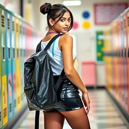 A teenage girl in a stylish Indian school outfit, featuring a tight vinyl mini skirt that highlights her modern fashion sense