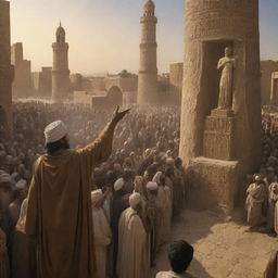 An intense scene set in ancient Babylon, Prophet Ibrahim preaches amidst the statue-worshipping crowd. The city's residents react, their faces distorted with anger, creating a dramatic contrast between the prophet's serene glow and the city's ramped up energy.