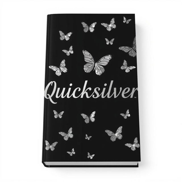 A book cover design featuring a stark black background adorned with numerous elegant silver butterflies scattered throughout the cover