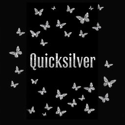 A book cover design featuring a stark black background adorned with numerous elegant silver butterflies scattered throughout the cover