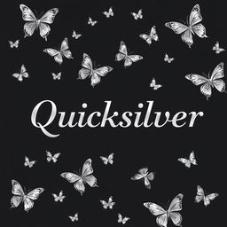A book cover design featuring a stark black background adorned with numerous elegant silver butterflies scattered throughout the cover