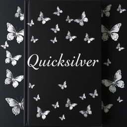 A book cover design featuring a stark black background adorned with numerous elegant silver butterflies scattered throughout the cover