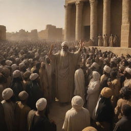 An intense scene set in ancient Babylon, Prophet Ibrahim preaches amidst the statue-worshipping crowd. The city's residents react, their faces distorted with anger, creating a dramatic contrast between the prophet's serene glow and the city's ramped up energy.