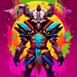 A stylized Murakami print of Zed from League of Legends, highlighting Zed's distinctive features and costume. Embellished with vibrant, superflat art elements typical for Murakami's style.