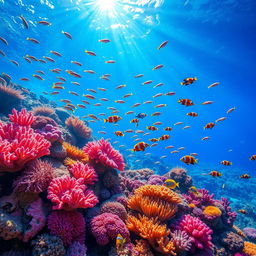 A vibrant underwater scene depicting a colorful coral reef teeming with marine life, perfect for an aquarium poster