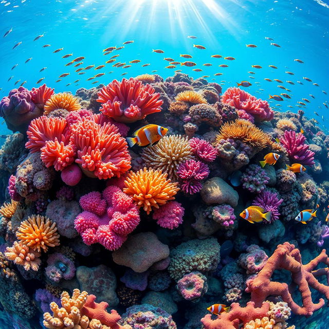 A vibrant underwater scene depicting a colorful coral reef teeming with marine life, perfect for an aquarium poster