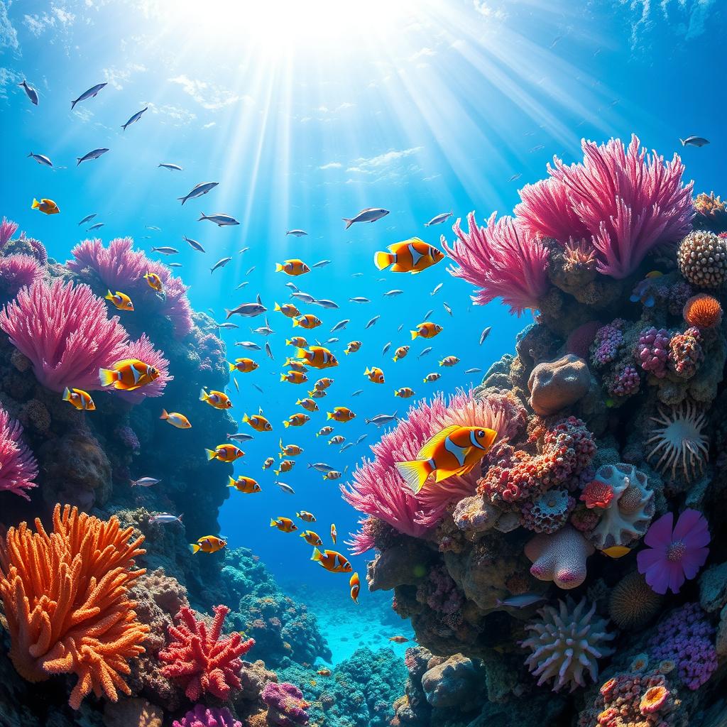 A vibrant underwater scene depicting a colorful coral reef teeming with marine life, perfect for an aquarium poster